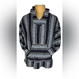 🎄SALE🎄 Vintage 90s Mexican Woven Baja Rug Hoodie Gray Navy Blue Acrylic XXL